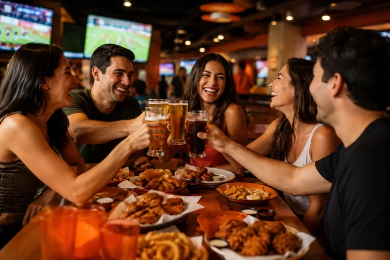 Grupo de amigos brindando y compartiendo alimentos en un restaurante Hooters Cancún con ambiente deportivo.