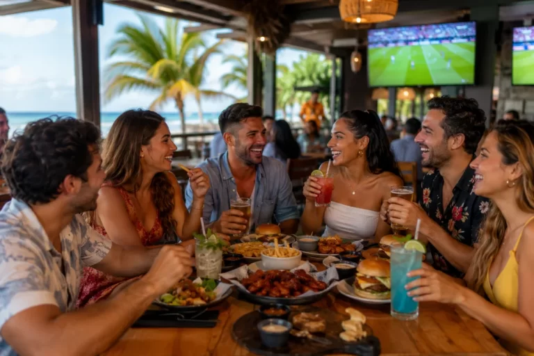 Grupo de amigos disfrutando comida, bebidas y un partido en un restaurante de Hooters Cancún.