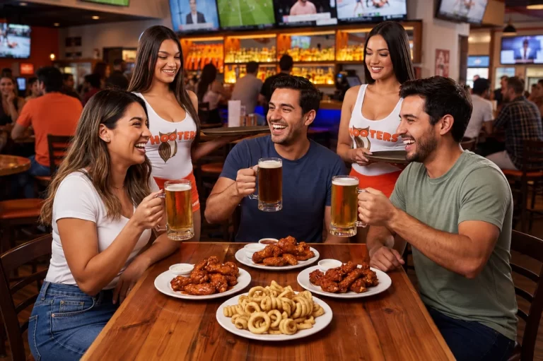 Grupo de amigos disfrutando alitas, cerveza y eventos deportivos en un sports bar de Hooters Cancún.