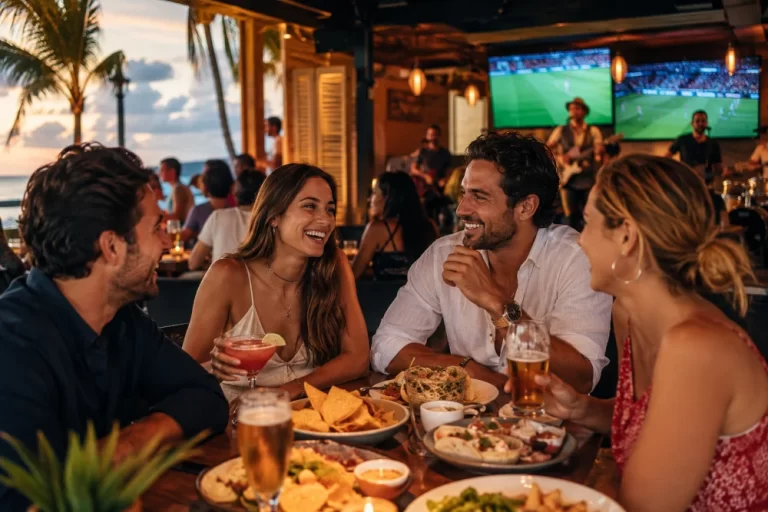 Grupo de amigos conversando y compartiendo alimentos y bebidas en un restaurante Hooters Cancún con ambiente relajado y deportes en vivo.