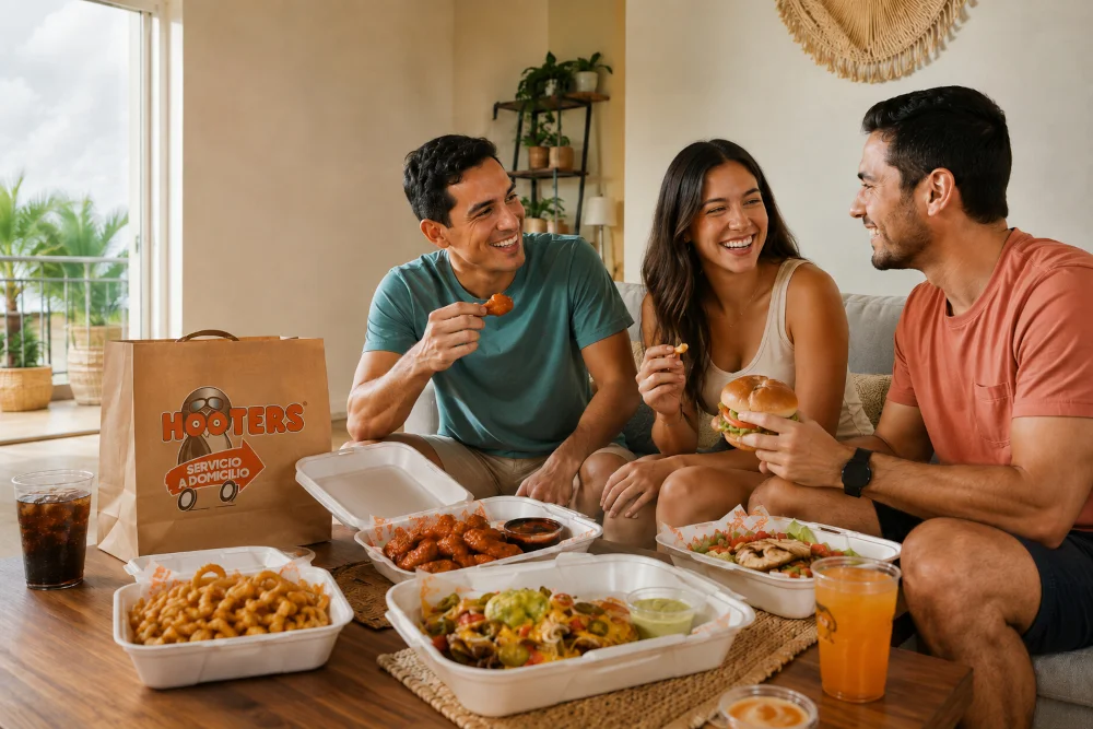 Grupo de amigos en Cancún compartiendo alitas, hamburguesas y otros alimentos recibidos mediante Hooters Delivery.