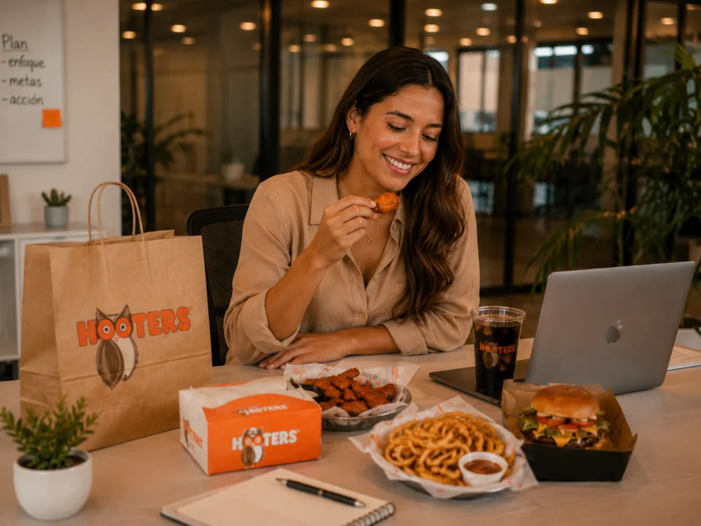 Oficinista en Cancún disfrutando alitas, hamburguesa y acompañamientos de Hooters Delivery durante su hora de comida.