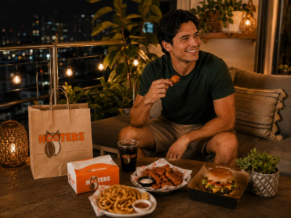 Hombre en Cancún disfrutando alitas, hamburguesa y acompañamientos de Hooters Delivery durante un momento de descanso en casa.