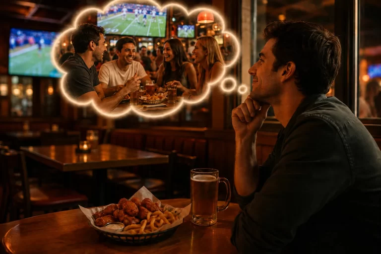 Persona recordando una reunión con amigos en un sports bar, una experiencia gastronómica memorable con alitas, deportes y convivencia en Hooters Cancún.