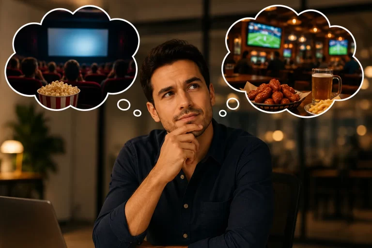 Persona pensando qué hacer después del trabajo, entre ir al cine o salir a comer a un restaurante bar americano en Cancún.
