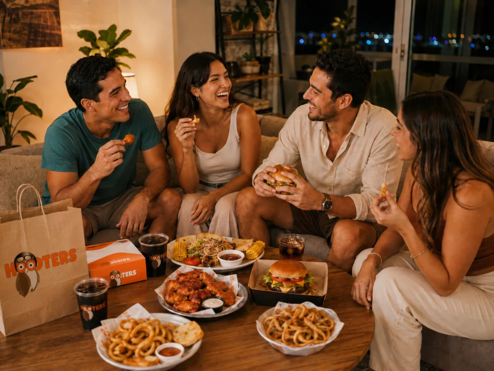Grupo de amigos en Cancún compartiendo alitas, hamburguesas y acompañamientos de Hooters Delivery durante una reunión en casa.