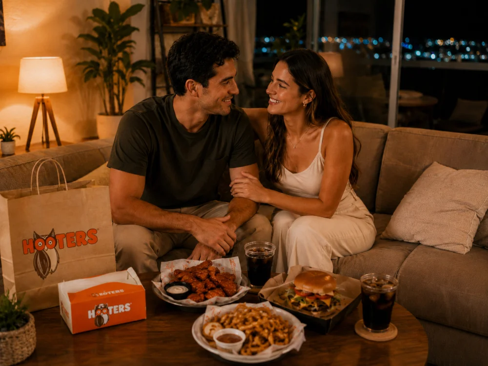 Pareja en Cancún compartiendo una cena casual en casa con alitas, hamburguesa y acompañamientos de Hooters Delivery.