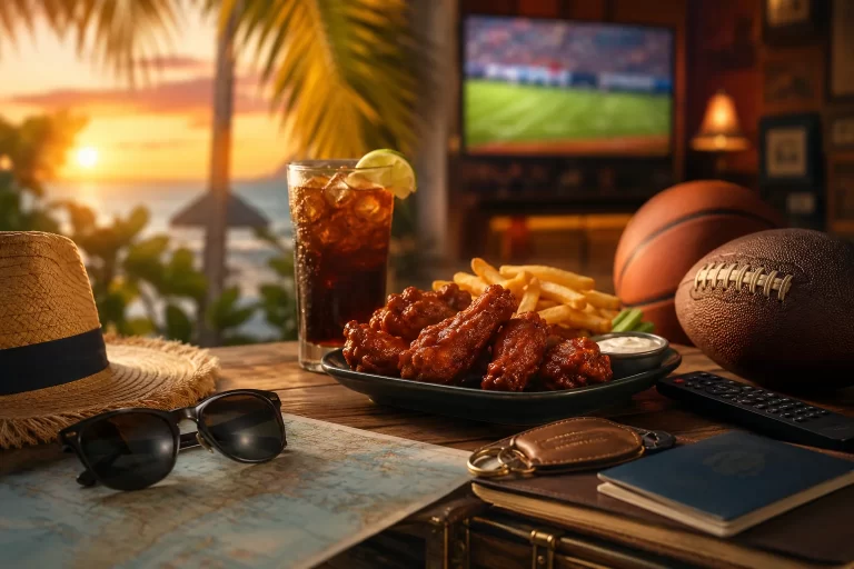 Alitas, bebidas, deportes y elementos de viaje en un ambiente tropical que representa la experiencia de Hooters durante unas vacaciones en Cancún.