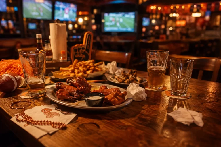 Mesa con alitas, bebidas y pantallas deportivas en Hooters Cancún, una escena que representa cómo nacen las tradiciones entre amigos alrededor de una mesa.